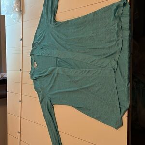 J Jill Love Linen Open Front Cardigan Blue Long Sleeve Pleated 100% Linen